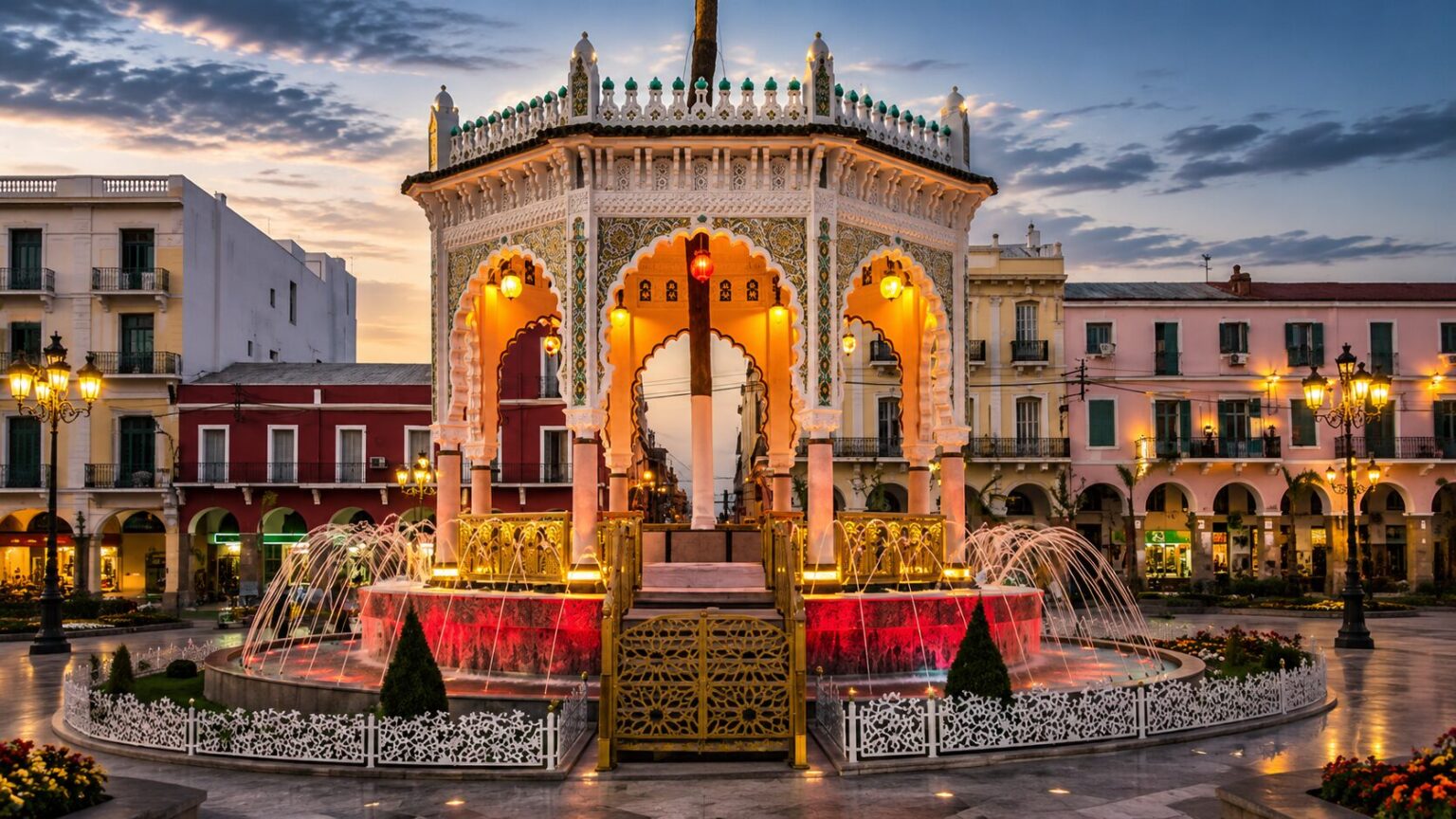 Place historique de Blida avec kiosque mauresque illuminé en Algérie